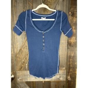Y2K Aerie Henley Ribbed Shirt Women's Small Dark Blue White Thread Slim Fit